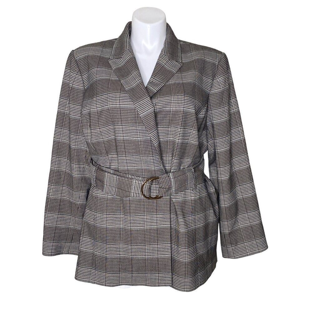 Calvin Klein Black White Houndstooth Belted Jacket Long Sleeves Women's Size 24W